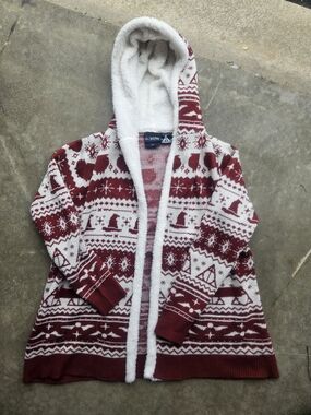 Harry Potter Sherpa Lined Hooded Cardigan Sweater Women’s Large Red White Wizard